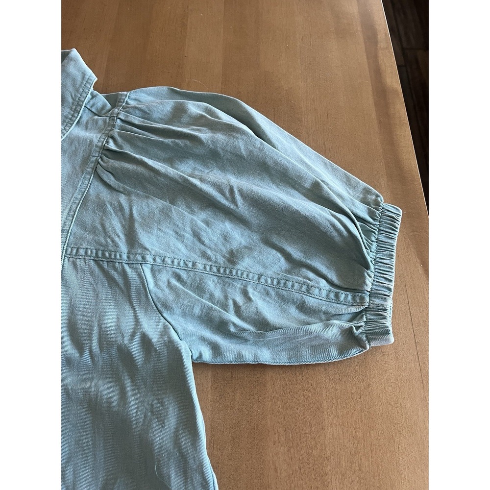 Entro Womens S Green Denim Blouse Puff Sleeve Snap Front 100% Cotton Cottagecore - Picture 4 of 11